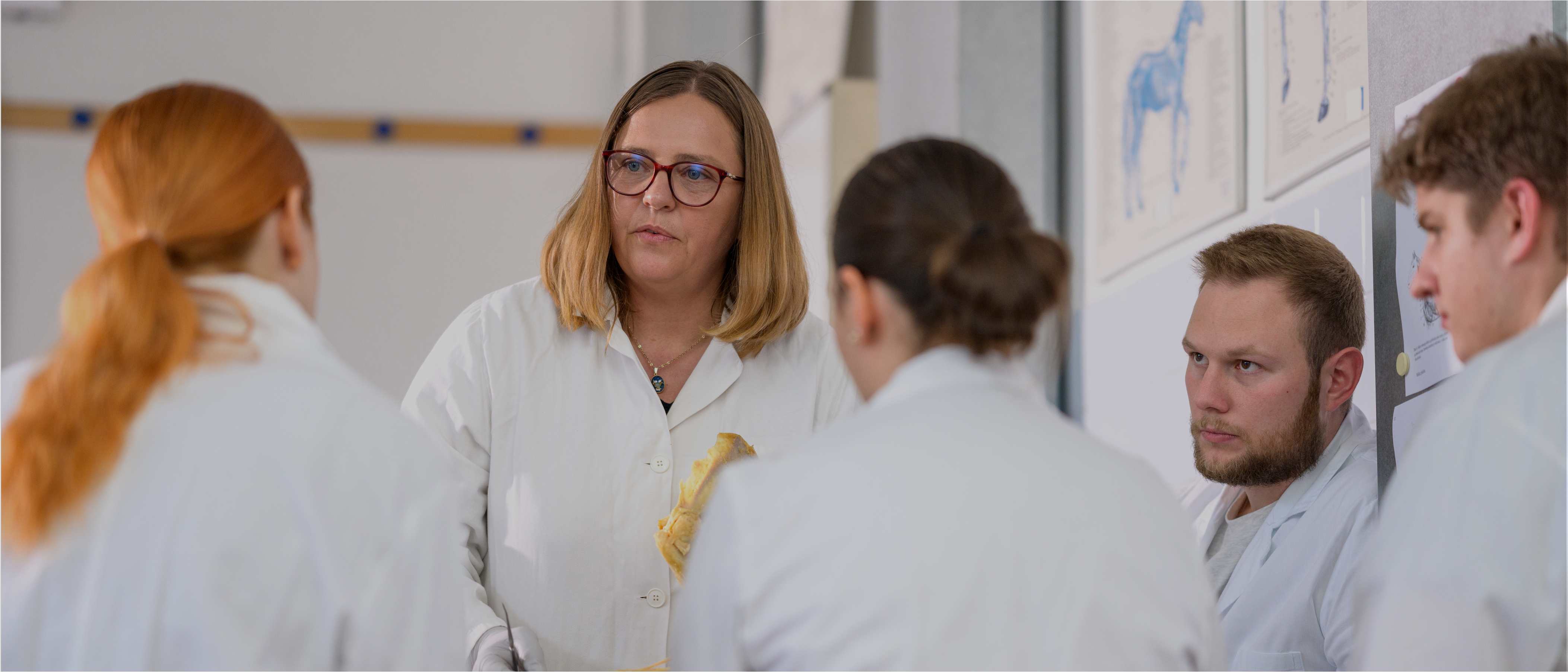 lab coat, brille, teamgespräch, brot?, studenten?